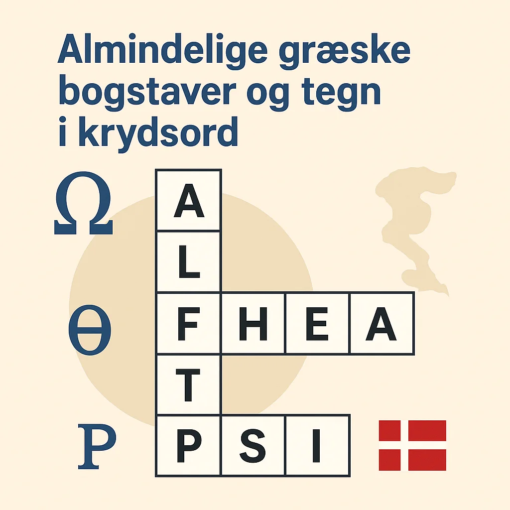 Græsk bogstav krydsord infografik med forklaring af symboler og typiske ledetråde